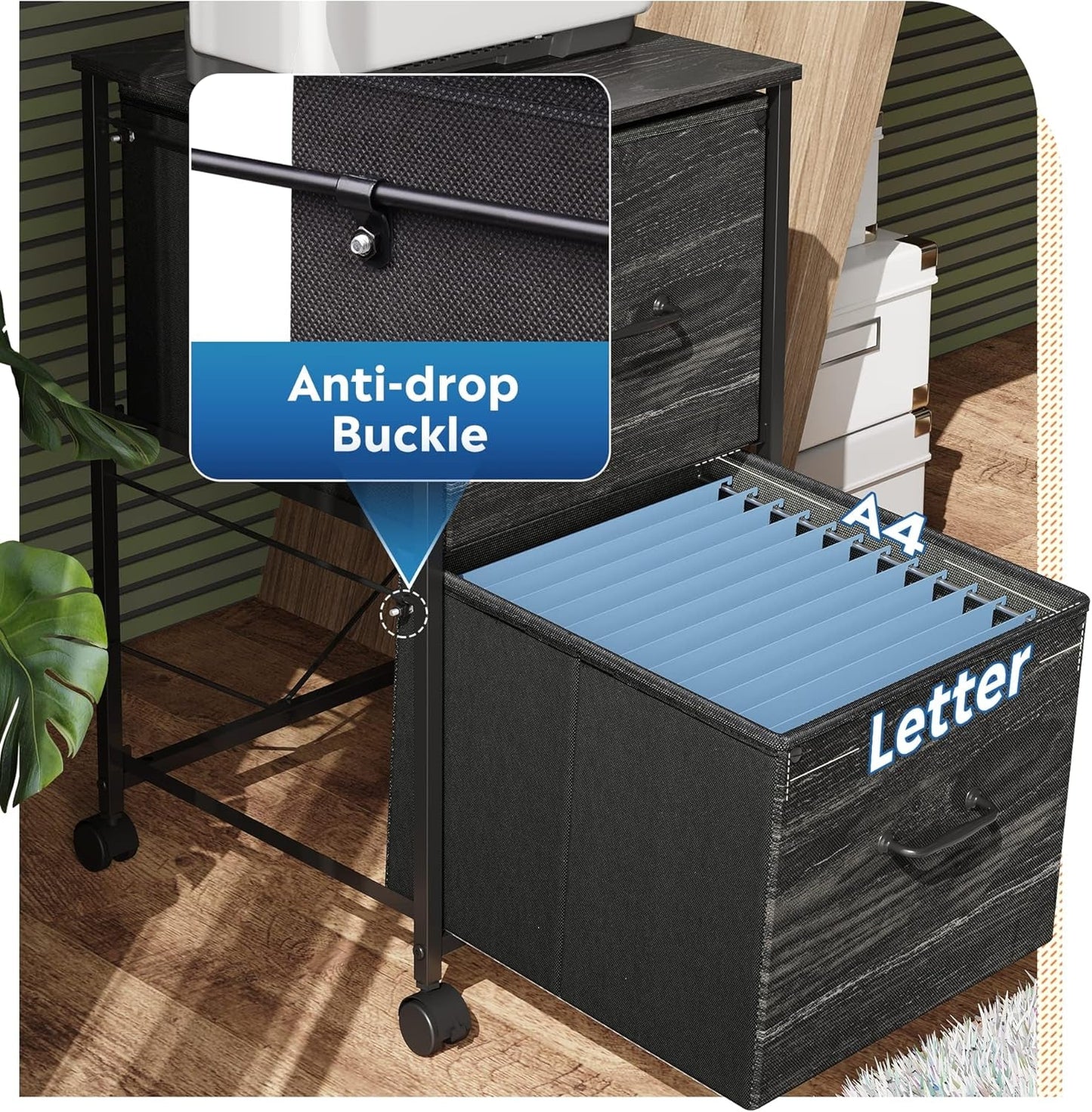 2 Drawer Mobile File Cabinet Rolling Printer Stand Charcoal Black Wood Grain Finish For Home Office