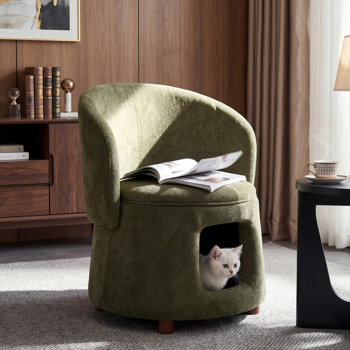 Green Pet Friendly Chair with Hidden Pet Nook