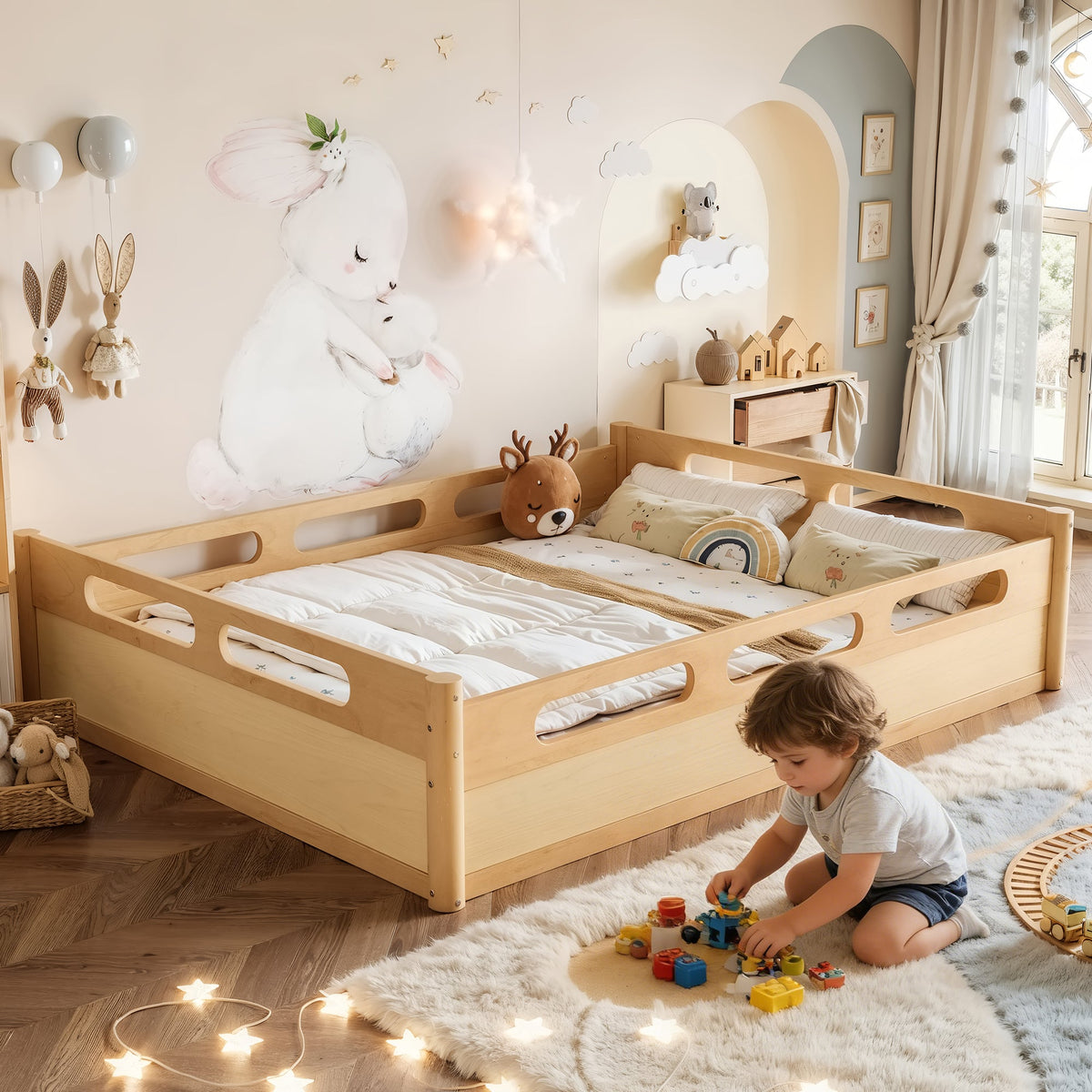 Queen Size Floor Platform Bed with Full-length Guardrails