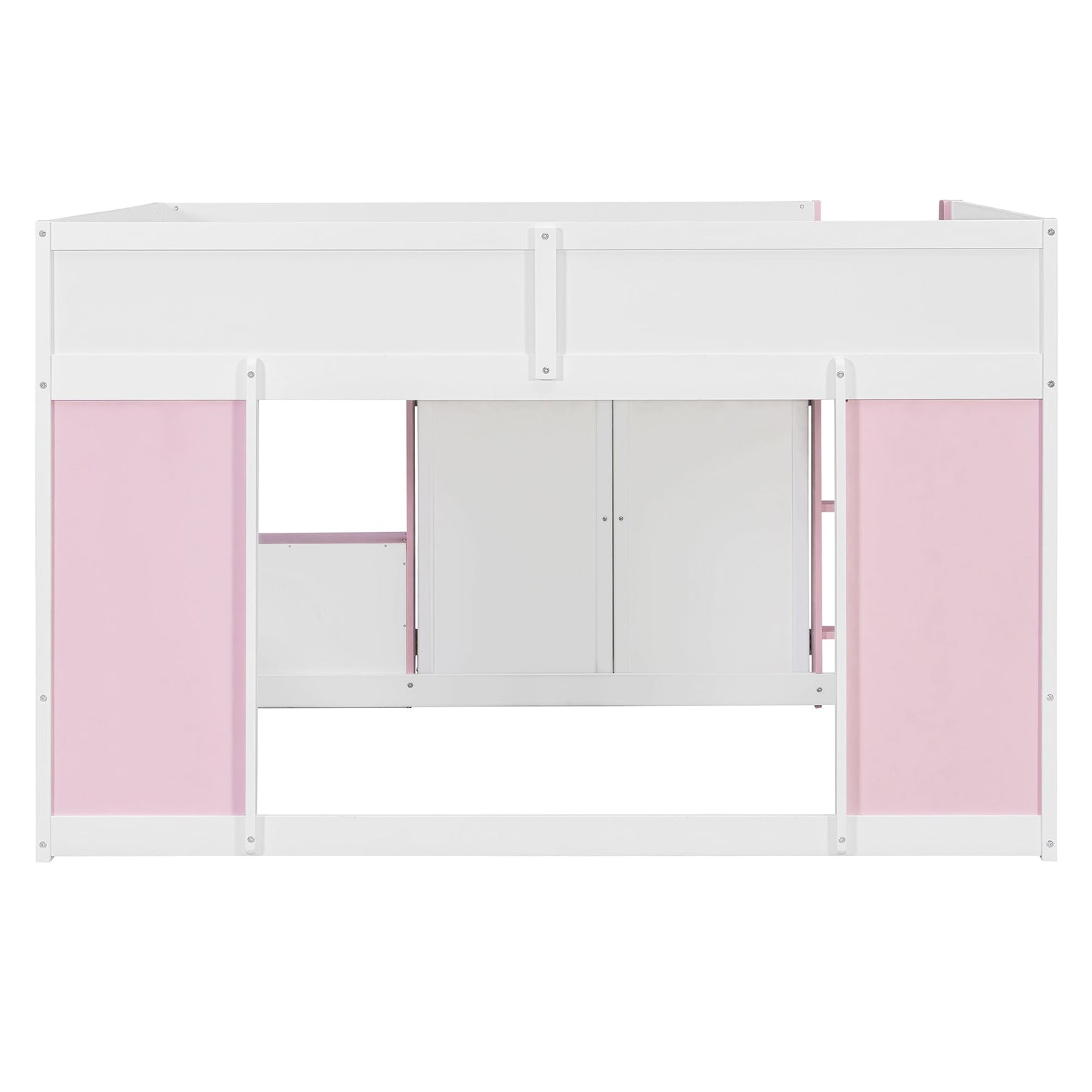 Full Loft House Bed with Playhouse & Storage, Modern Wood Cabin Bed for Kids/Teens, White+Pink