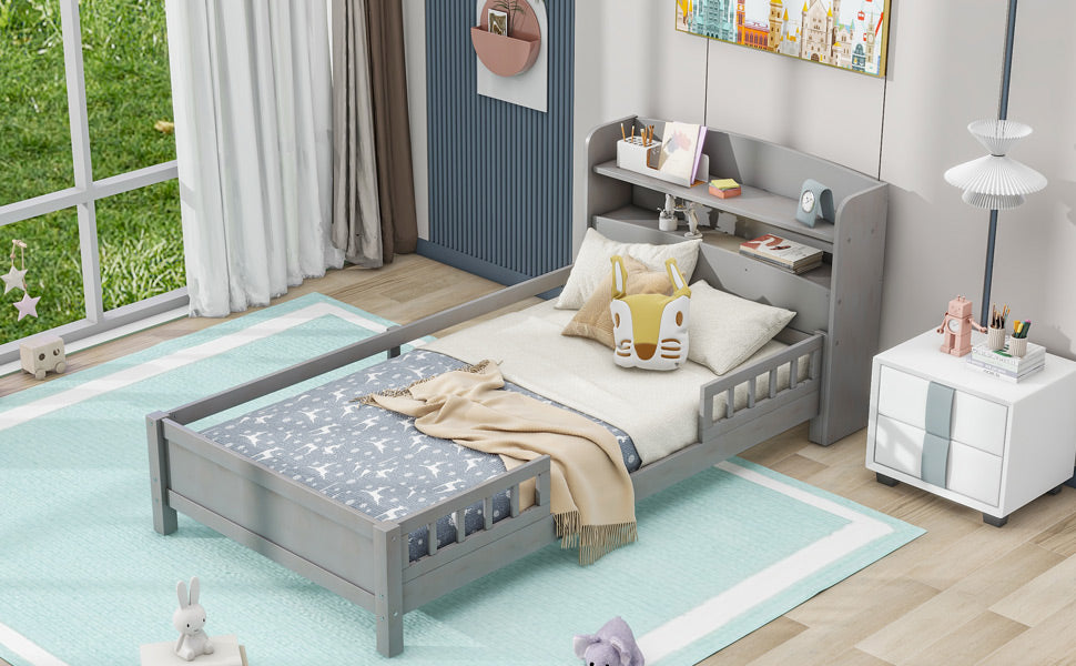 Wood Twin Size Platform Bed with Built-in LED Light, Storage Headboard and Guardrail, Antique