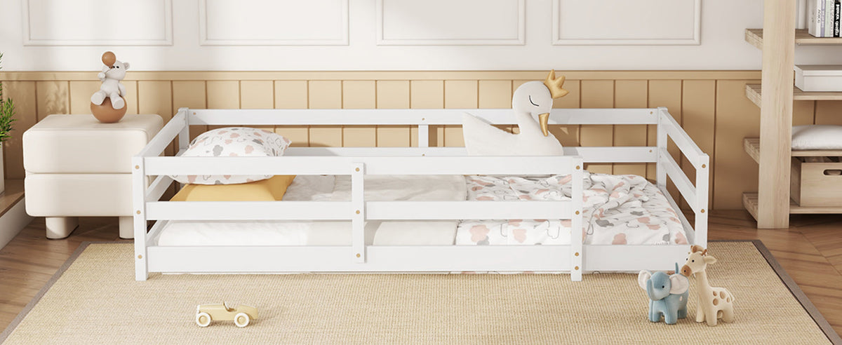 Montessori Twin Size Floor Bed with Fence, White