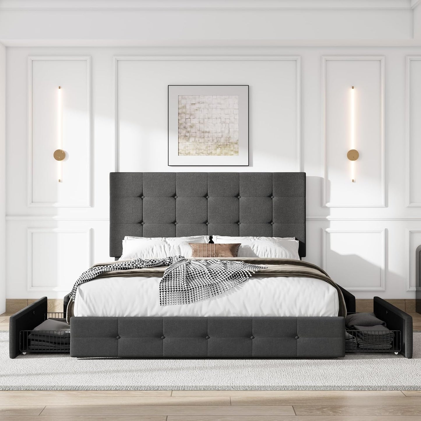 Upholstered Queen Platform Bed Frame With 4 Storage Drawers