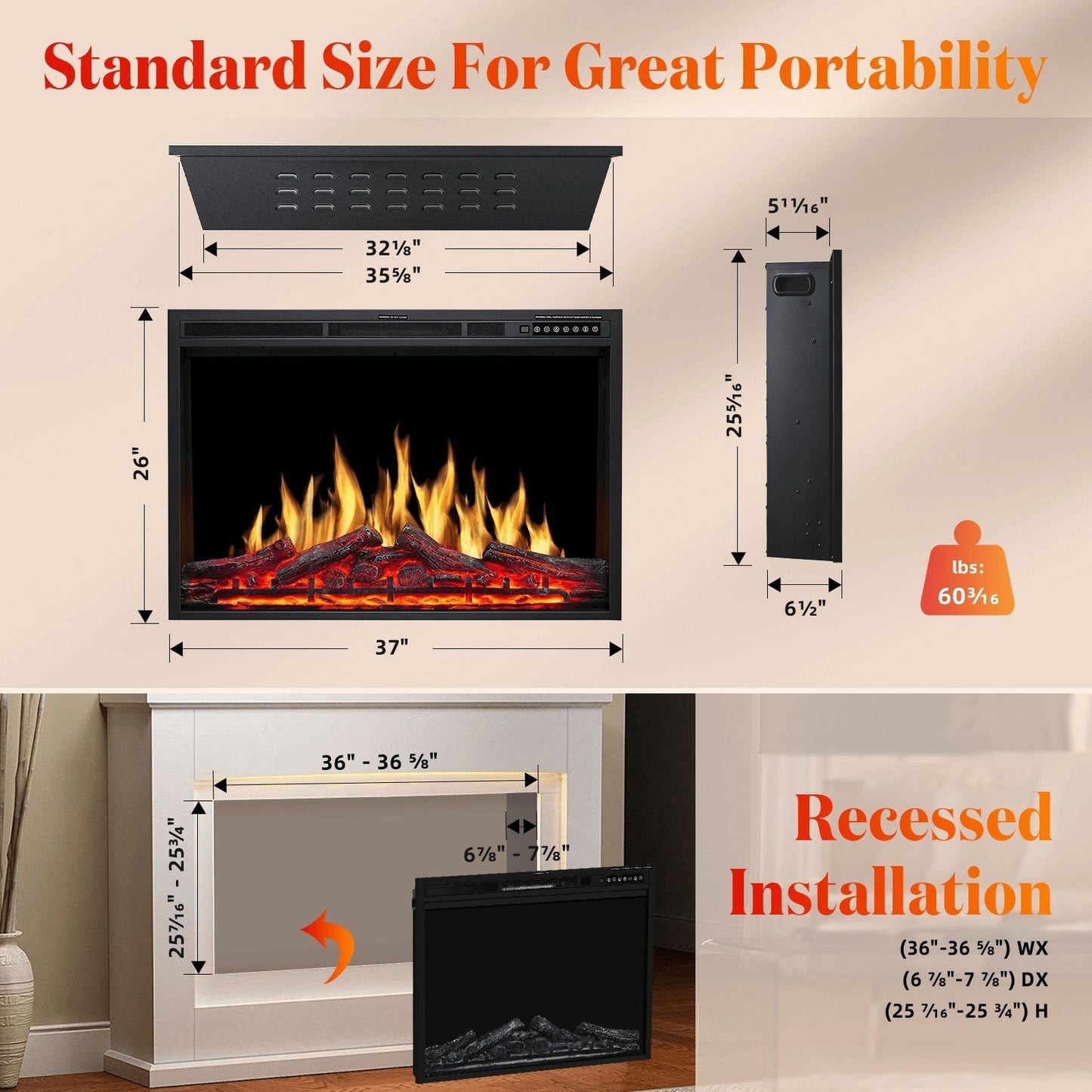 Electric Fireplace Insert Adjuatble Flame Colors 936A,939A,936BXB,939BXB