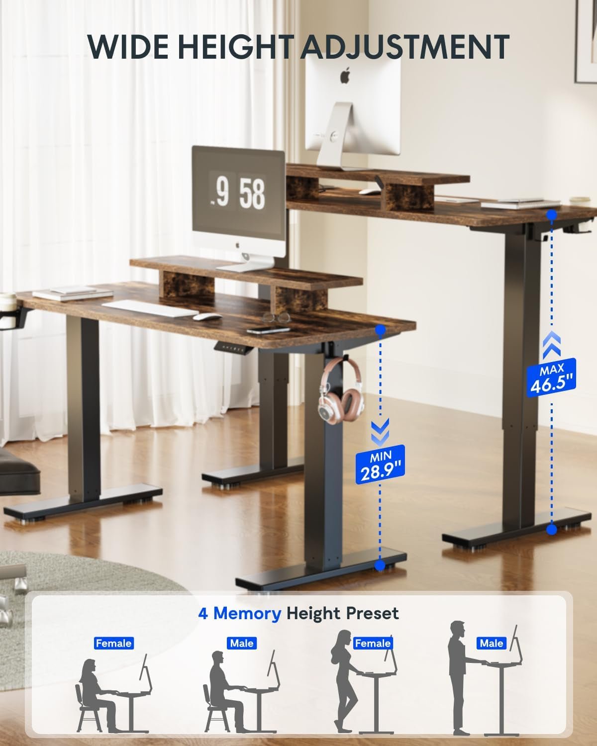 Electric Height Adjustable Standing Desk with Monitor Riser