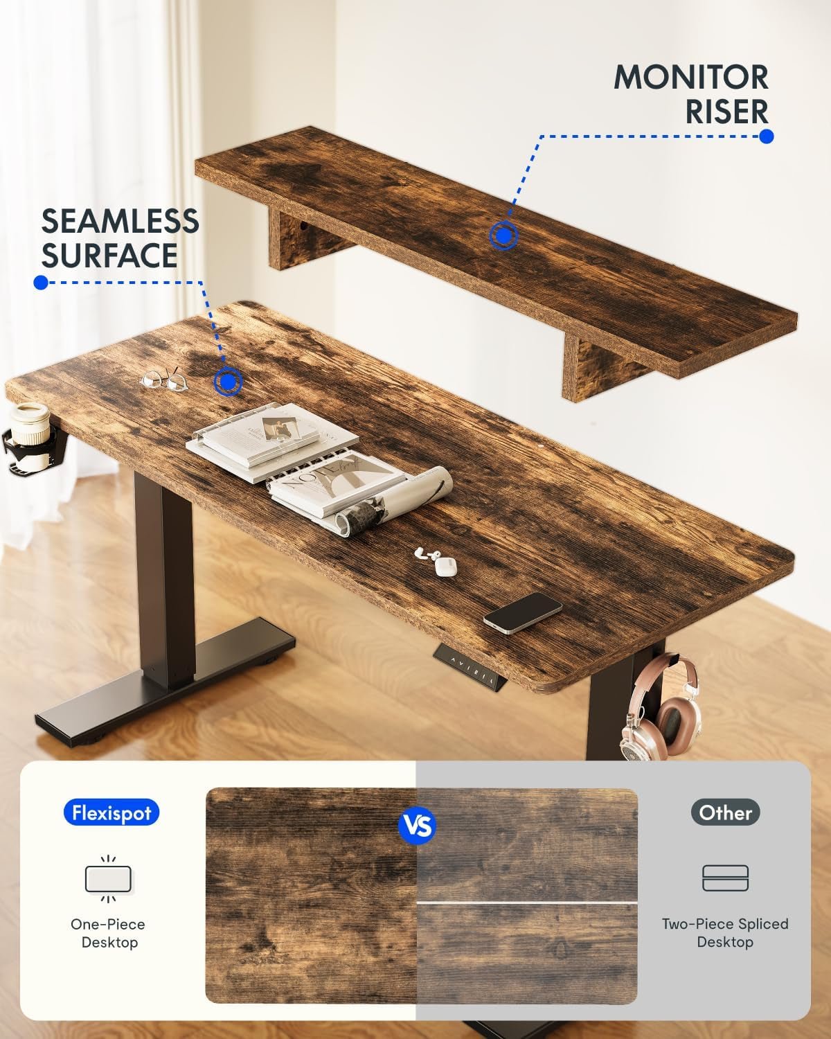 Electric Height Adjustable Standing Desk with Monitor Riser