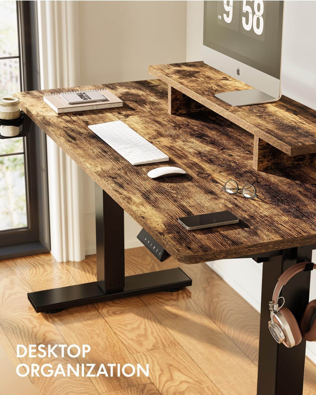 Electric Height Adjustable Standing Desk with Monitor Riser