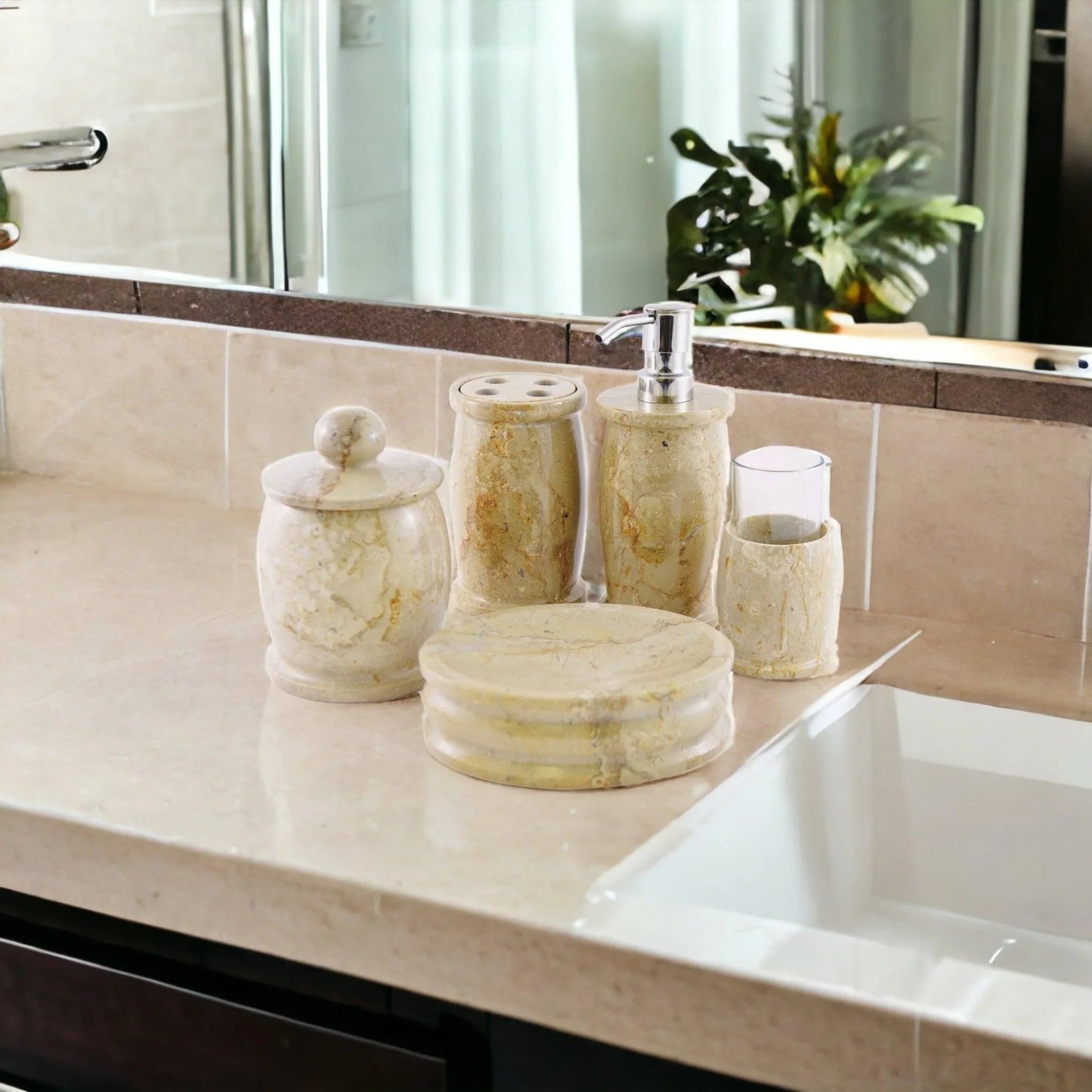 Elegant Bathroom Accessory Set of  Sahara Beige Marble - Pacific Collection