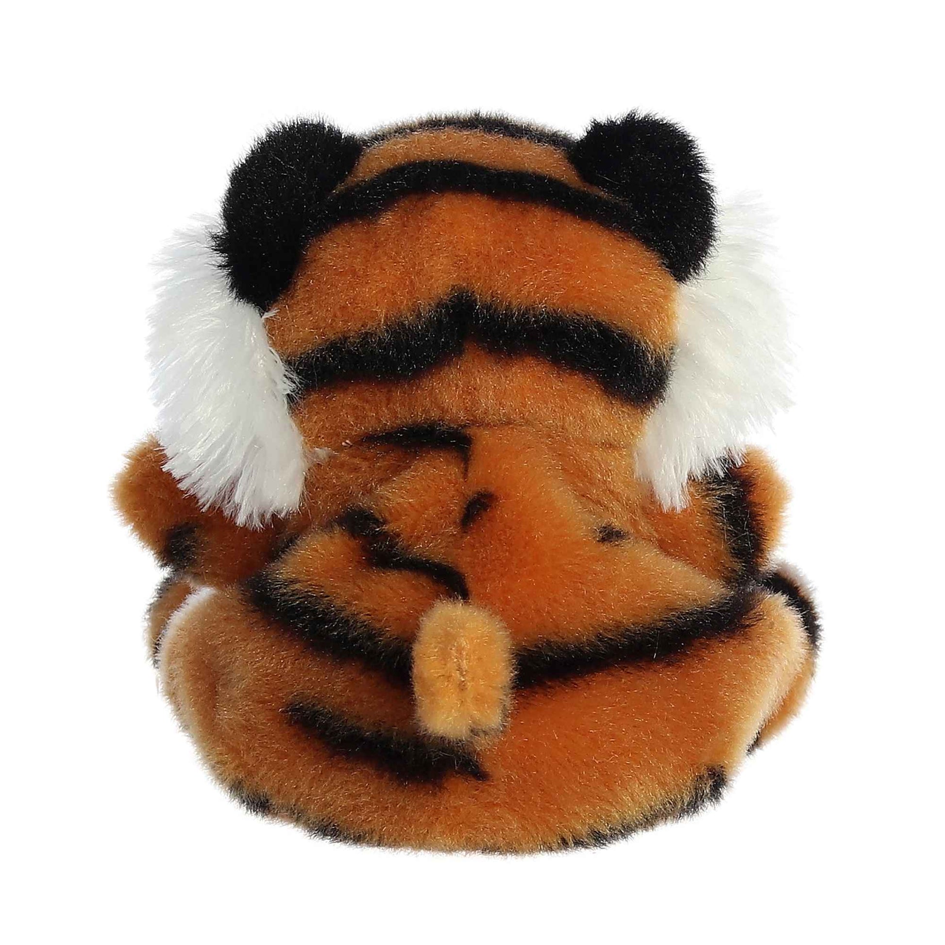 Indy Tiger Palm Pal plush toy, featuring a soft and fluffy back with distinct tiger stripes and ears.