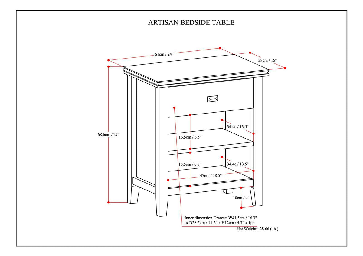 Artisan 24 Inch Wide Solid Wood Bedside Table in Warm