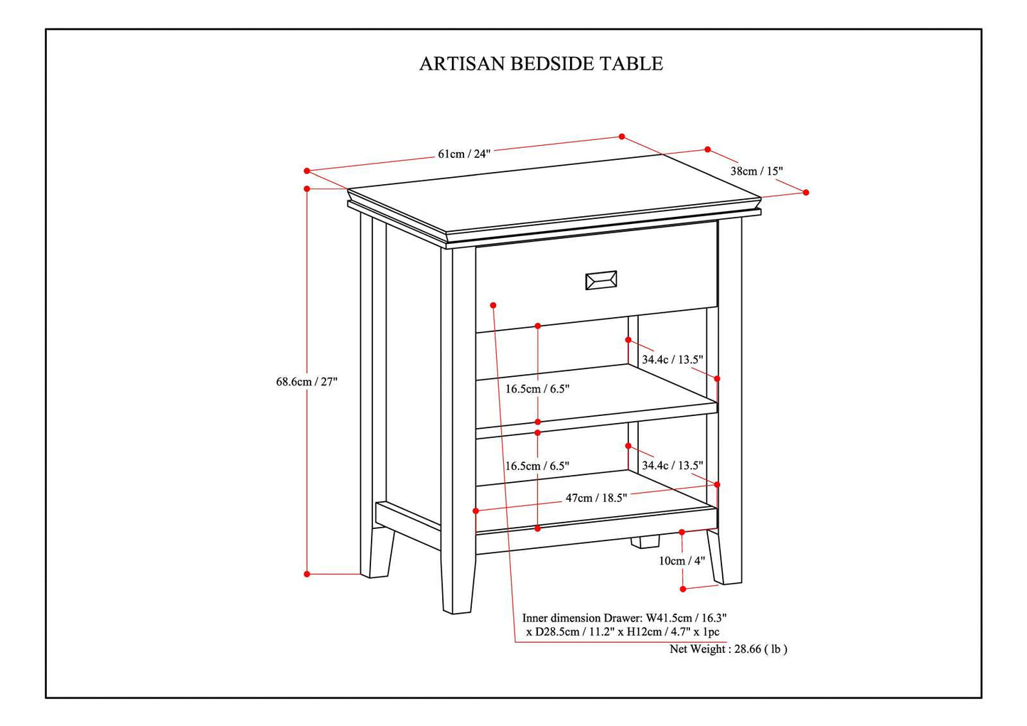 Artisan 24 Inch Wide Solid Wood Bedside Table in Distressed Grey