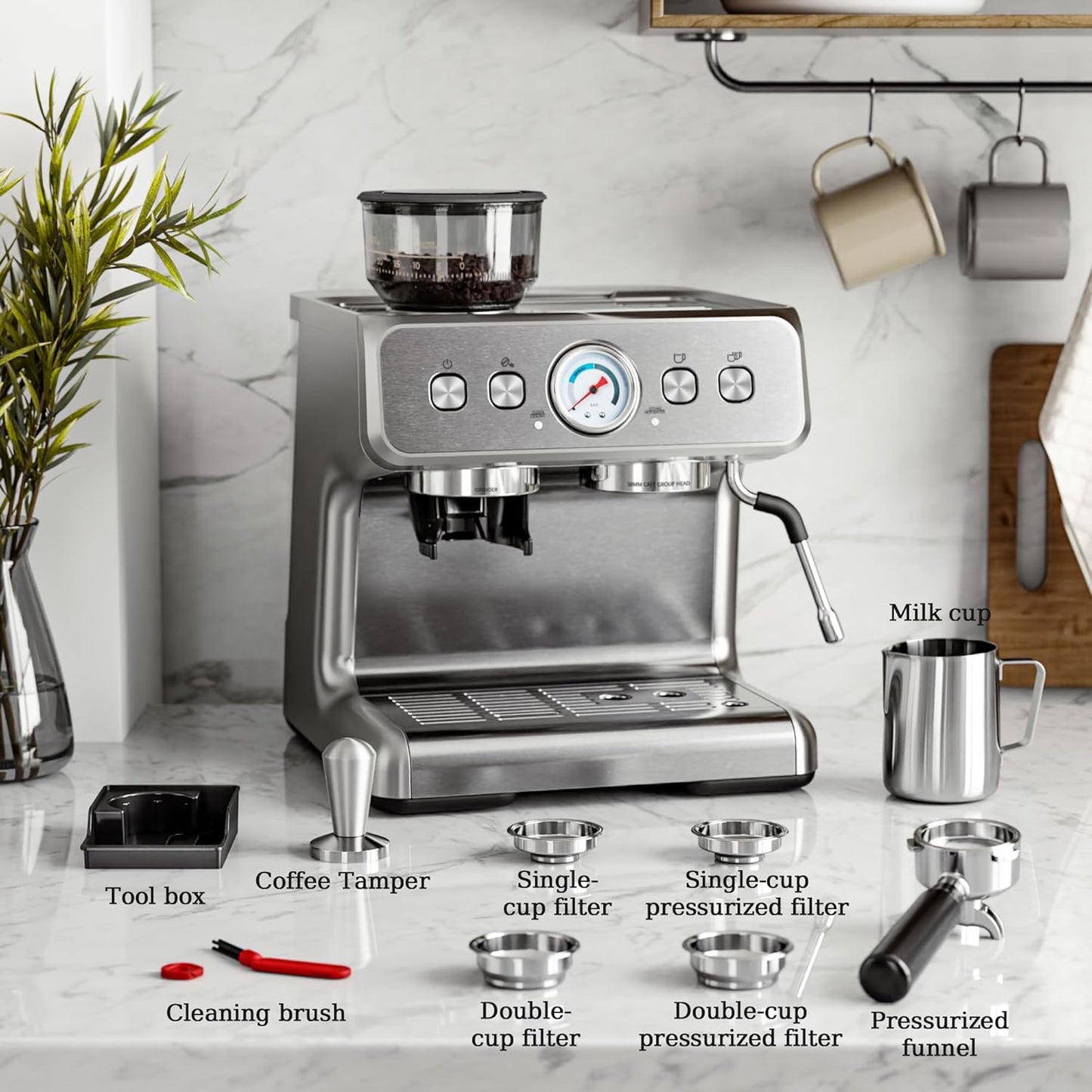 Espresso Machine ,Semi-Automatic Coffee Maker with Bean Grinder and Milk Frother Steam Wand CM8050