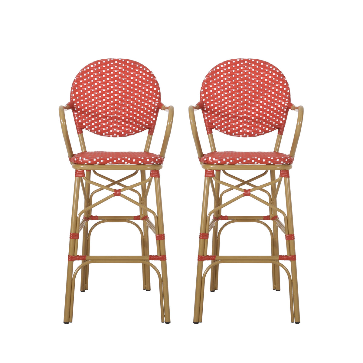 Outdoor Wicker and Aluminum 29.5" French Barstools, Set of 2
