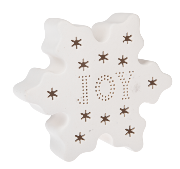 LED Light Up Snowflake Figurine Joy displaying the word 'JOY' with decorative holes and star patterns