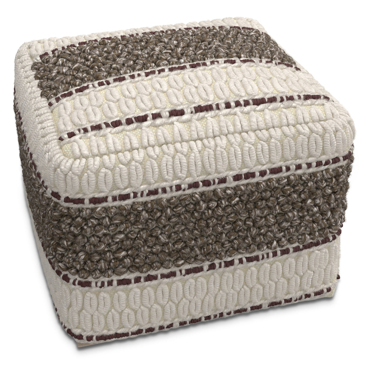 Grady 18 Inch Wide Square Pouf in Brown/Natural Handloom Wool and Cotton