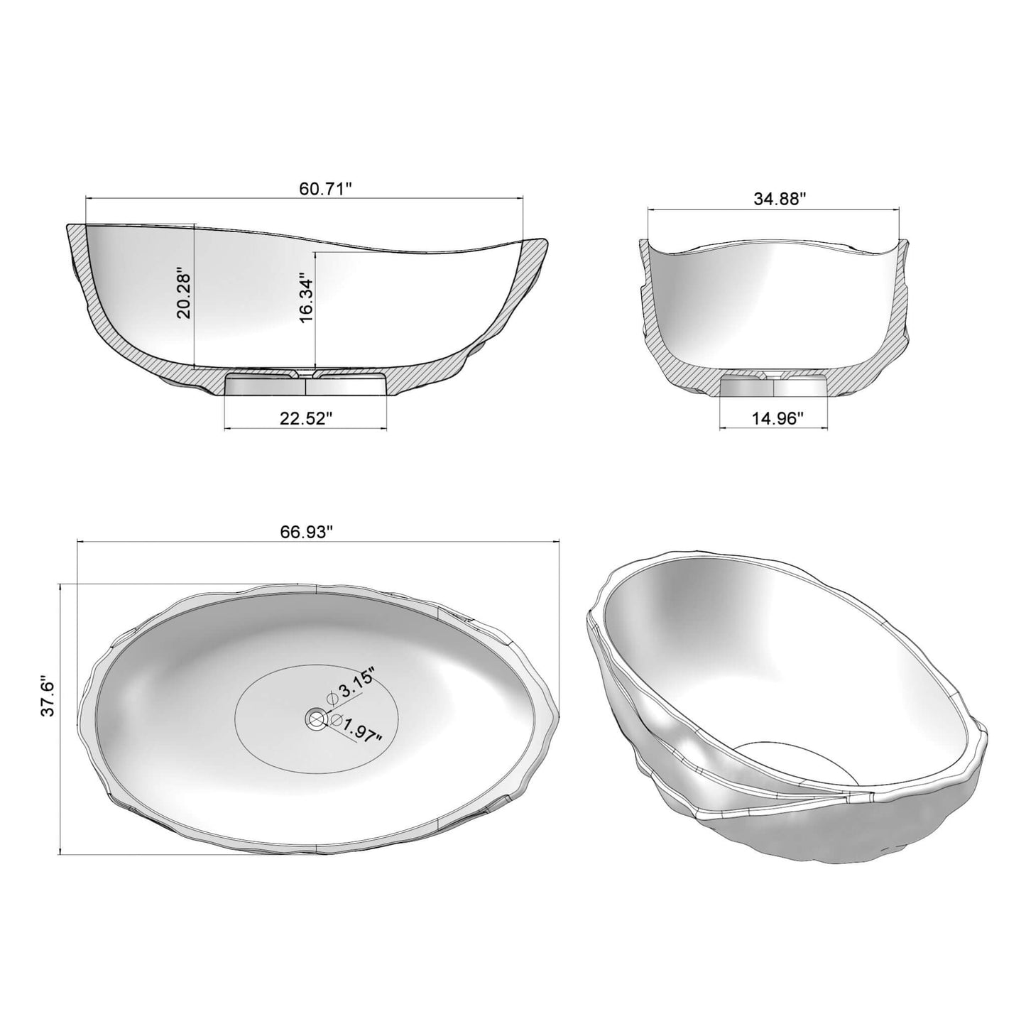 Extra Large 67" Modern Freestanding Oval Resin Soaking Bathtub (SAK14326)