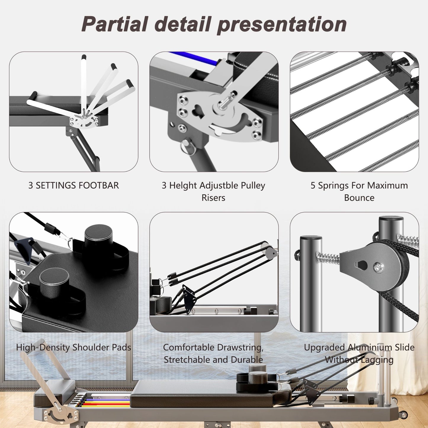 Extra Large Multi-Functional Pilates Reformer Machine With Dynamic Resistance Cords And Aerobic Rebounder, Black (SAK32879)