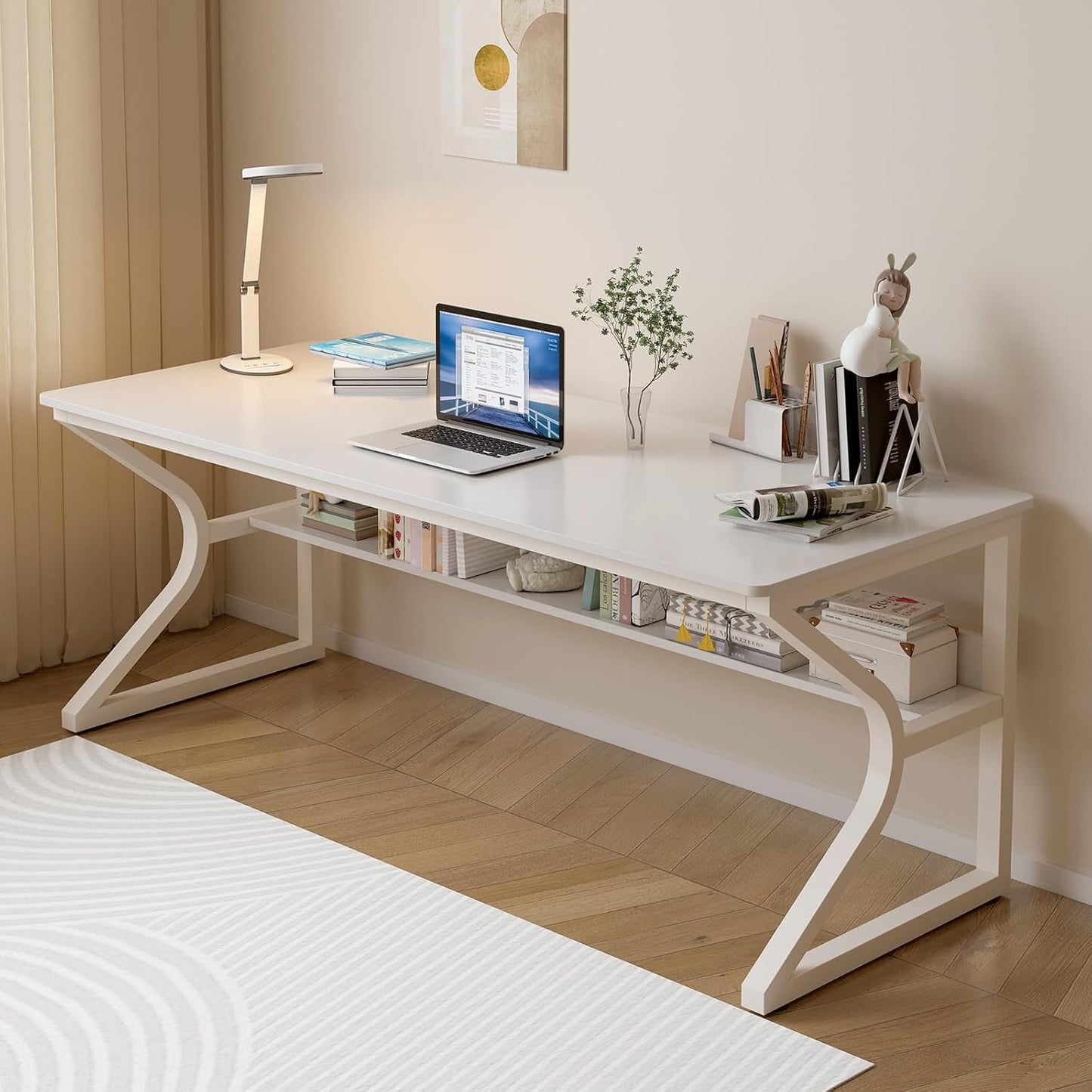 63 Inch Desk With Built In Bookshelf And Warm White