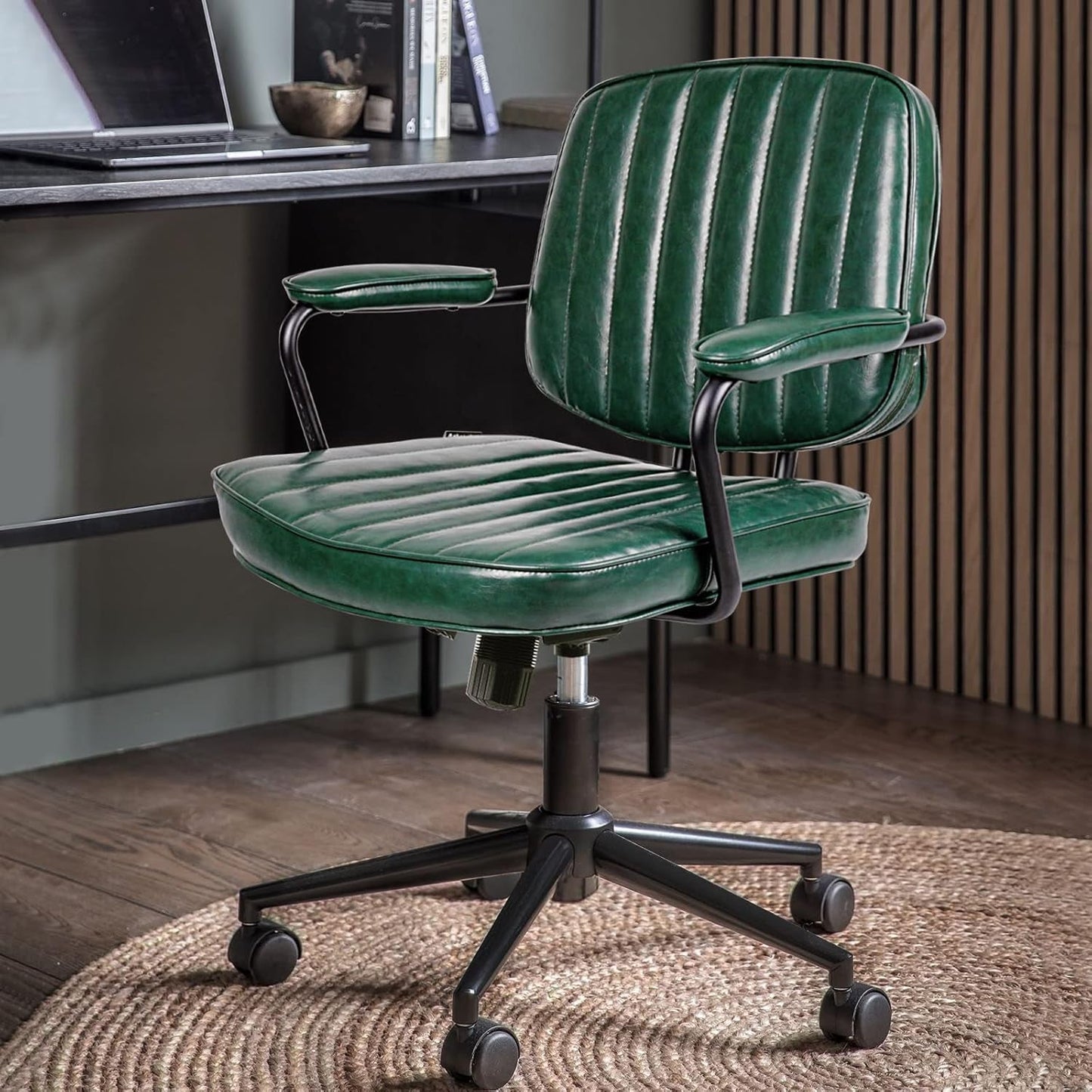 Green Leather Mid Century Office Chair With Wheels And Arms