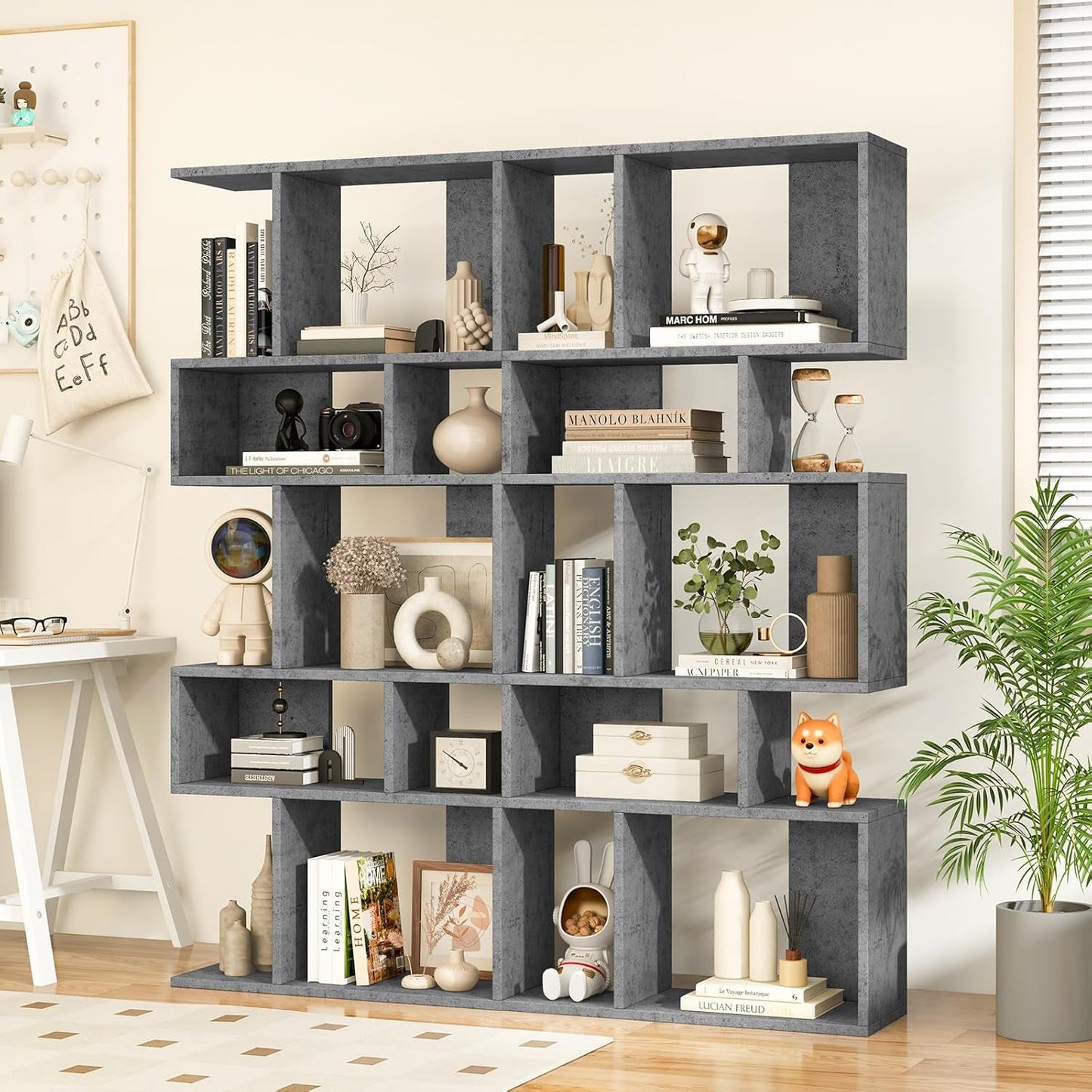 Gray Five Tier Geometric Bookshelf Set Of 2 70 Inch Tall