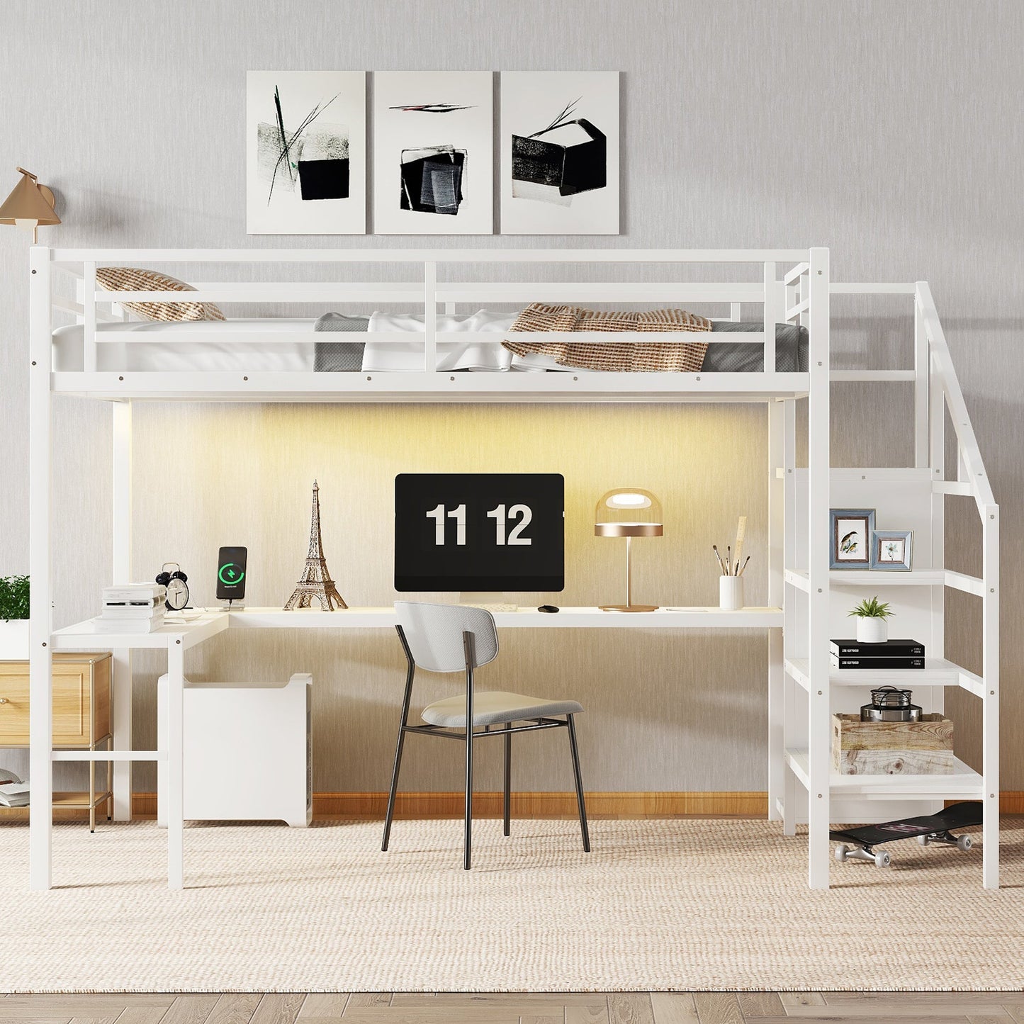 Twin XL Size Loft Bed with L-shaped Desk and USB, Metal Loft Bed with Wardrobe and Adjustable Shelf, High Loft Bed with LED for Kids Teens Adults, White