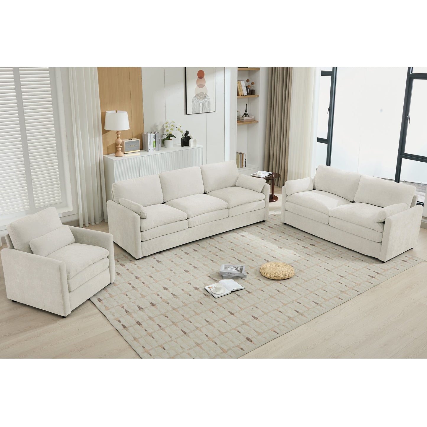 Cozy Upholstered Sofa Set Oversized Comfy Cloud Sofa Double Cushion Sofa Group Plush Cushion Sofa Couch for Living Room, Beige