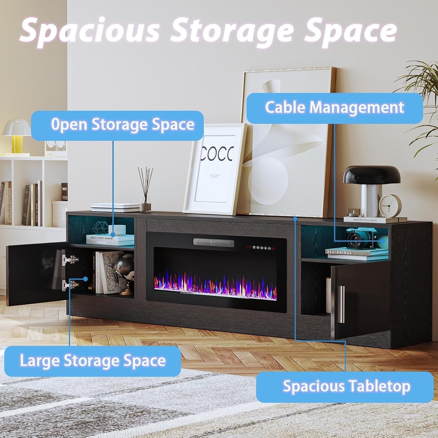 80 Inch TV Stand Electric Fireplace With LED Lighting Black