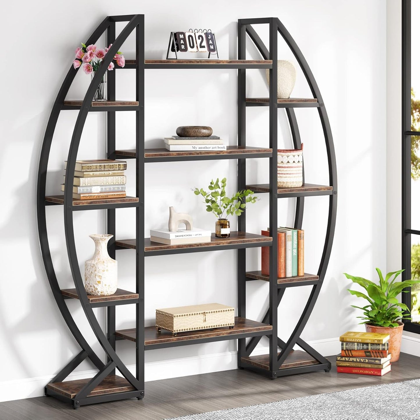 Oval 55 Inch Brown Industrial Display Etagere Bookcase
