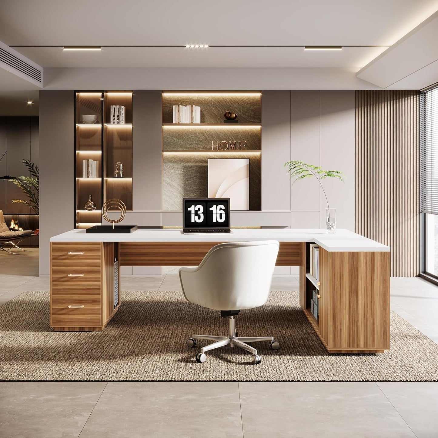 85 Point 8 Inch L-Shaped Executive Desk White Walnut Storage Cabinet