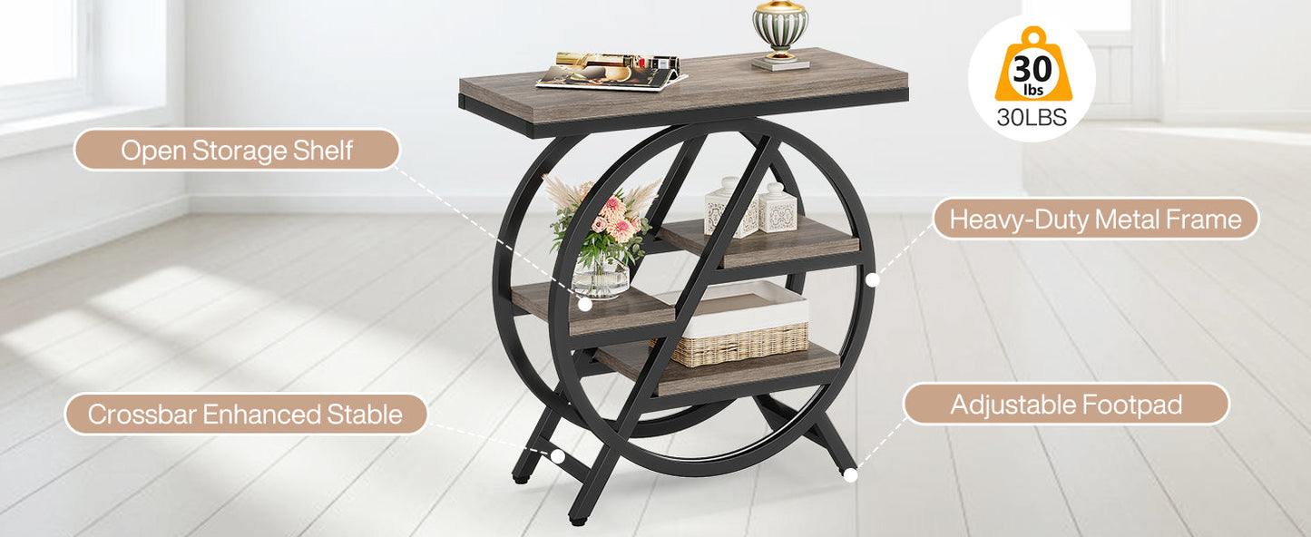 25.59" Industrial Narrow End Table with 3-Tier Storage Shelves