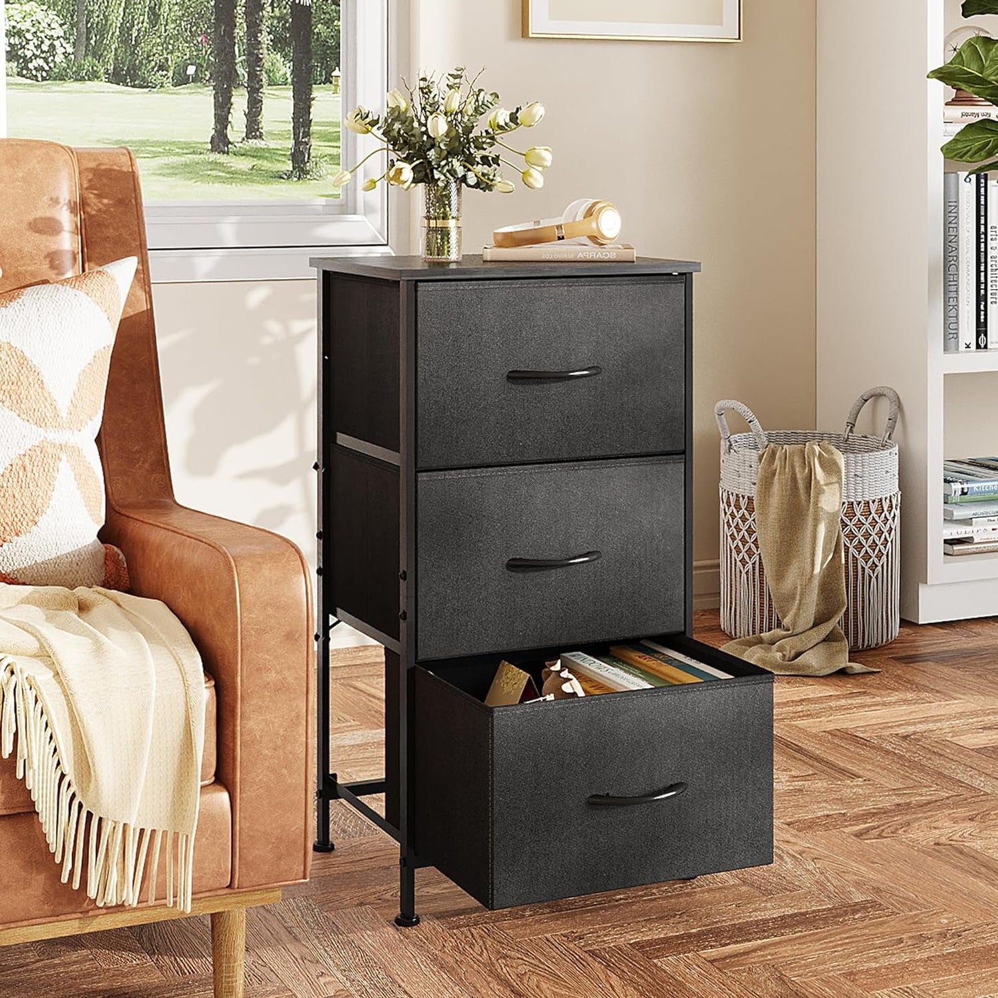Charcoal Black 3 Drawer Dresser With Wood Top Steel Frame