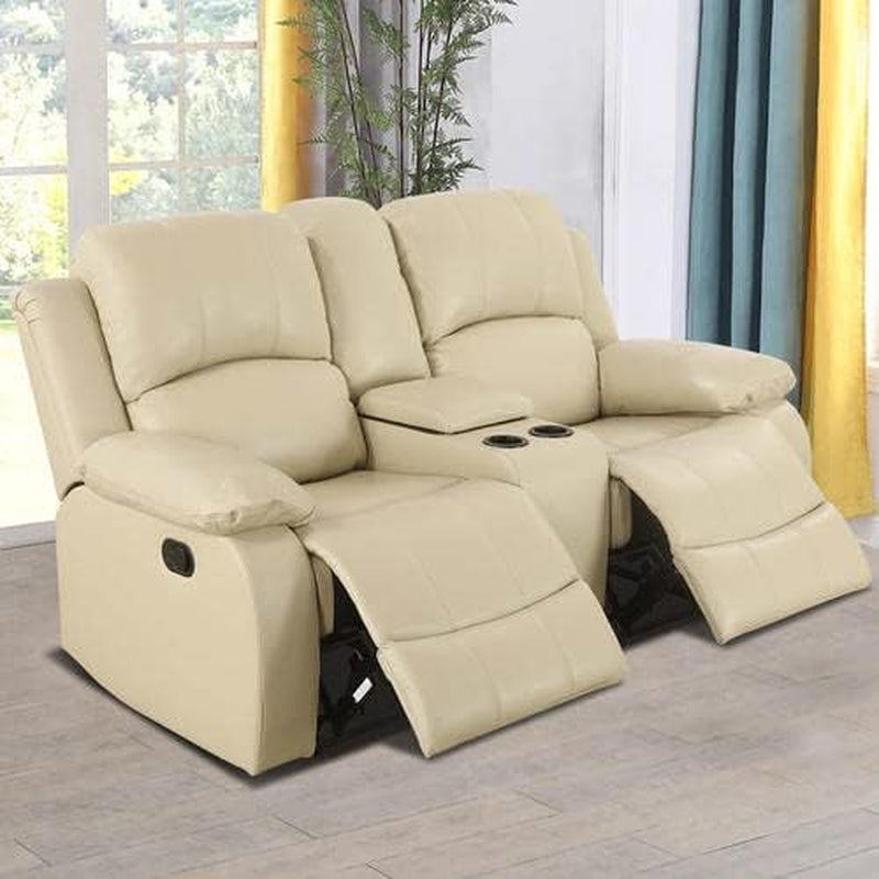 Beige Manual Leather 3 Piece Recliner Sofa Set For Living Room