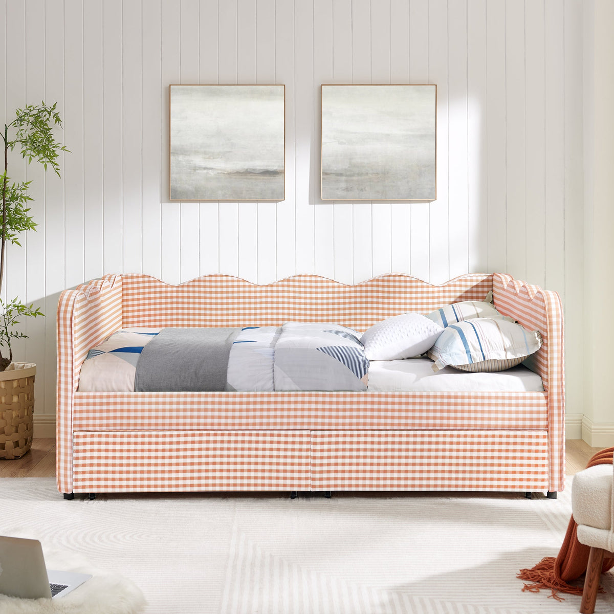 Full Size Cozy Gingham Daybed with Two Storage Drawers