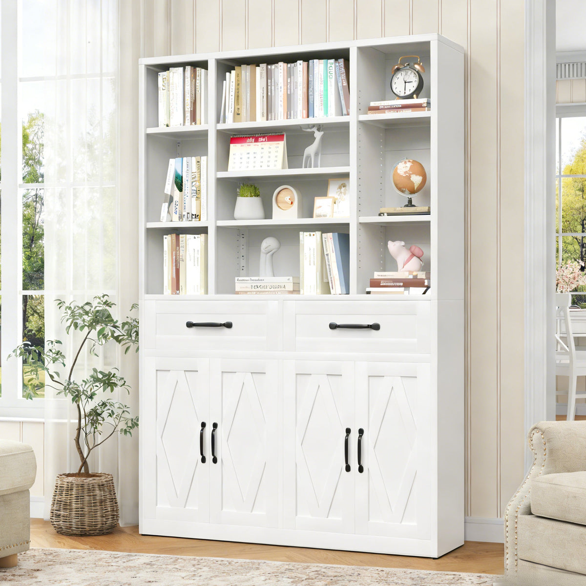 71" Tall Bookcase with Doors, Drawers & Adjustable Open Shelves