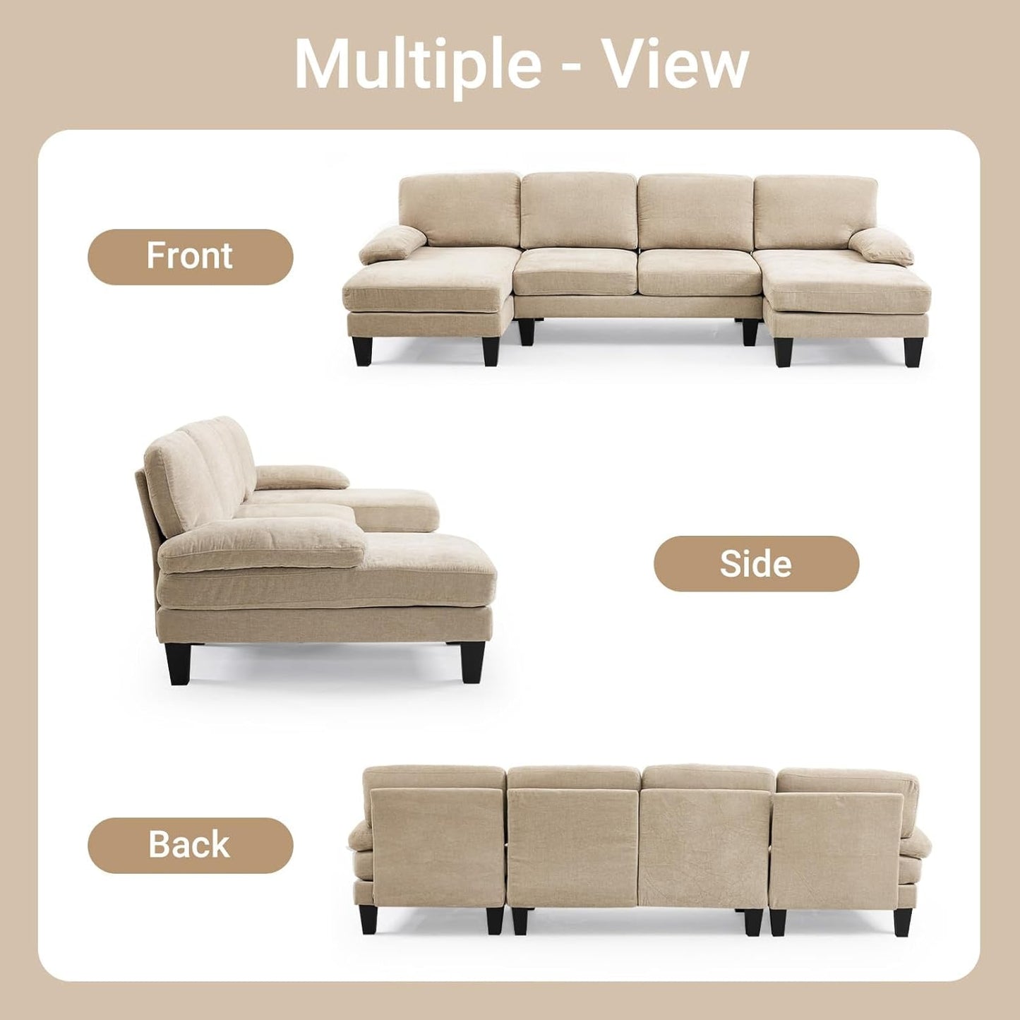Light Khaki 110 Inch U Shape Sectional Sofa Double Chaise