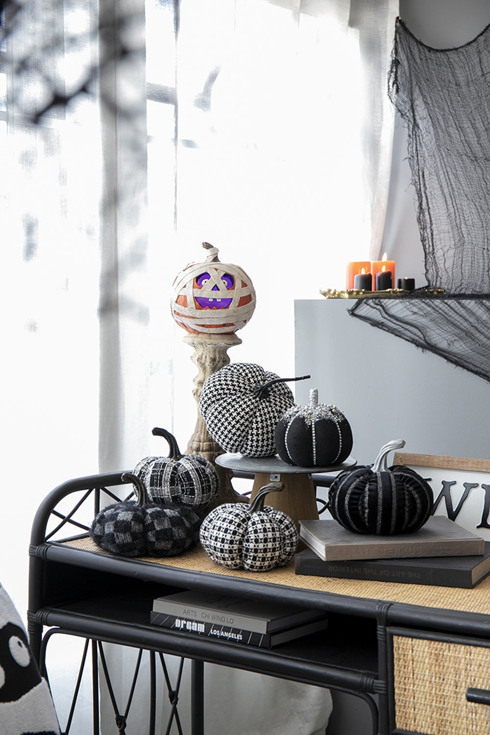 Plaid Fabric Pumpkin 7'' Black & White Halloween Decoration Accent