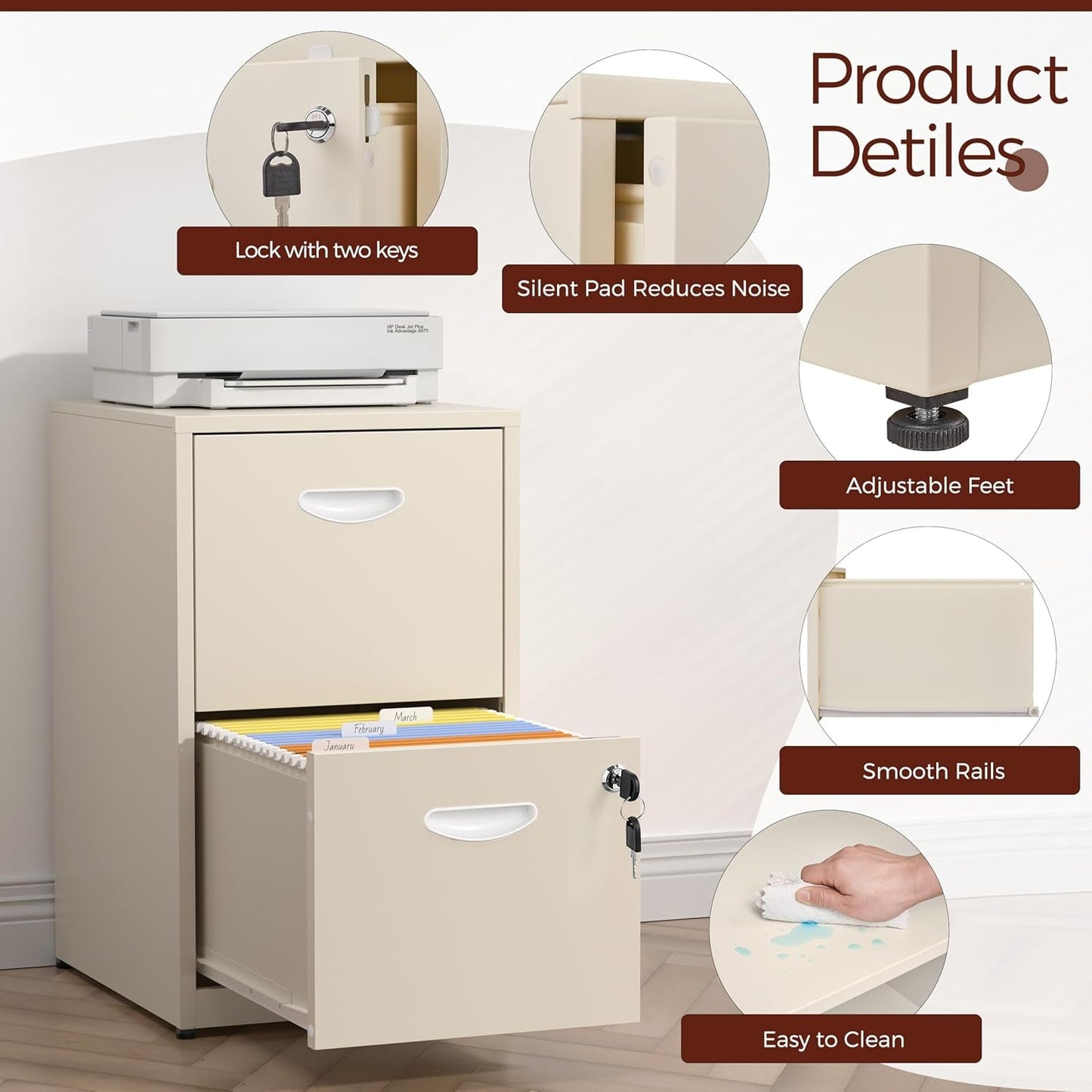 Cream Metal 2 Drawer Locking File Cabinet For Hanging Files A4 And Letter Documents