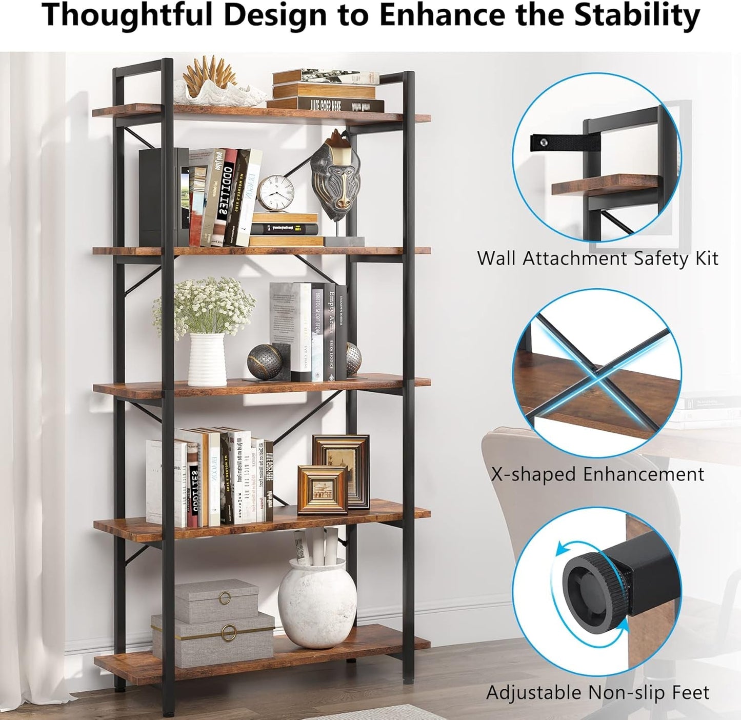 Industrial Rustic 5 Tier Etagere Bookshelf With Metal Frame