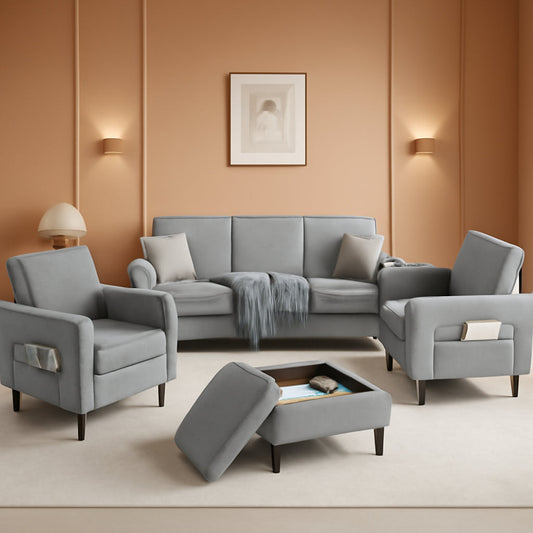 Light Grey Living Room Sofa Set With Movable Ottoman