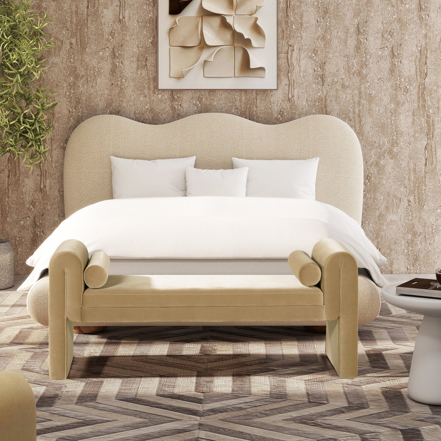 Mason 60.5' Arched Arm Bench with Bolster Pillows, Camel Brown Beige Performance Velvet