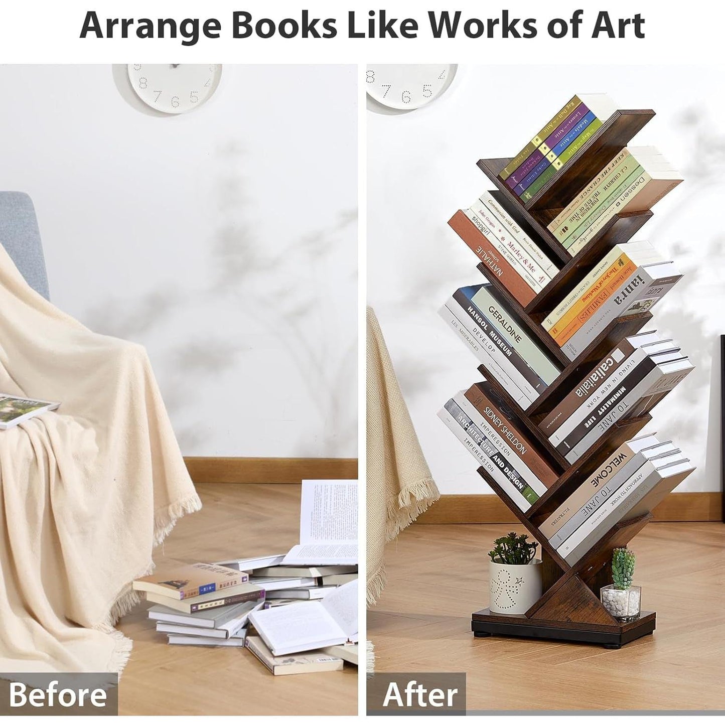 8 Tier Tree Bookshelf Floor Standing Bookcase For Books CDs Rustic Wood