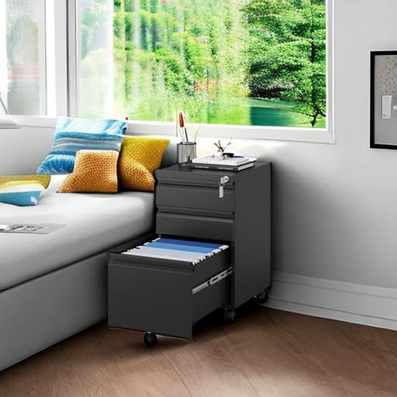 Three Drawer File Cabinet On Wheels With Lock Black Metal