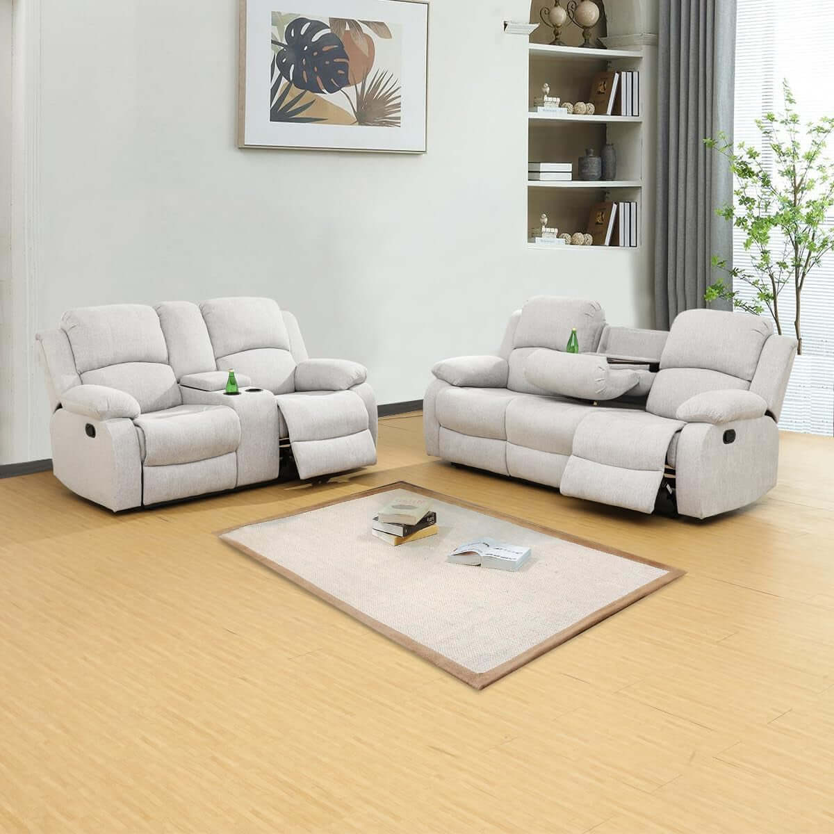 Grey Microfiber Reclining Sofa And Loveseat Set For Living Room in a stylish interior with a wooden floor and greenery.