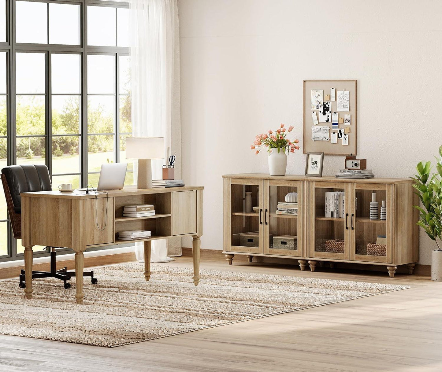 Distressed Oak Farmhouse Executive Desk Glass Cabinet