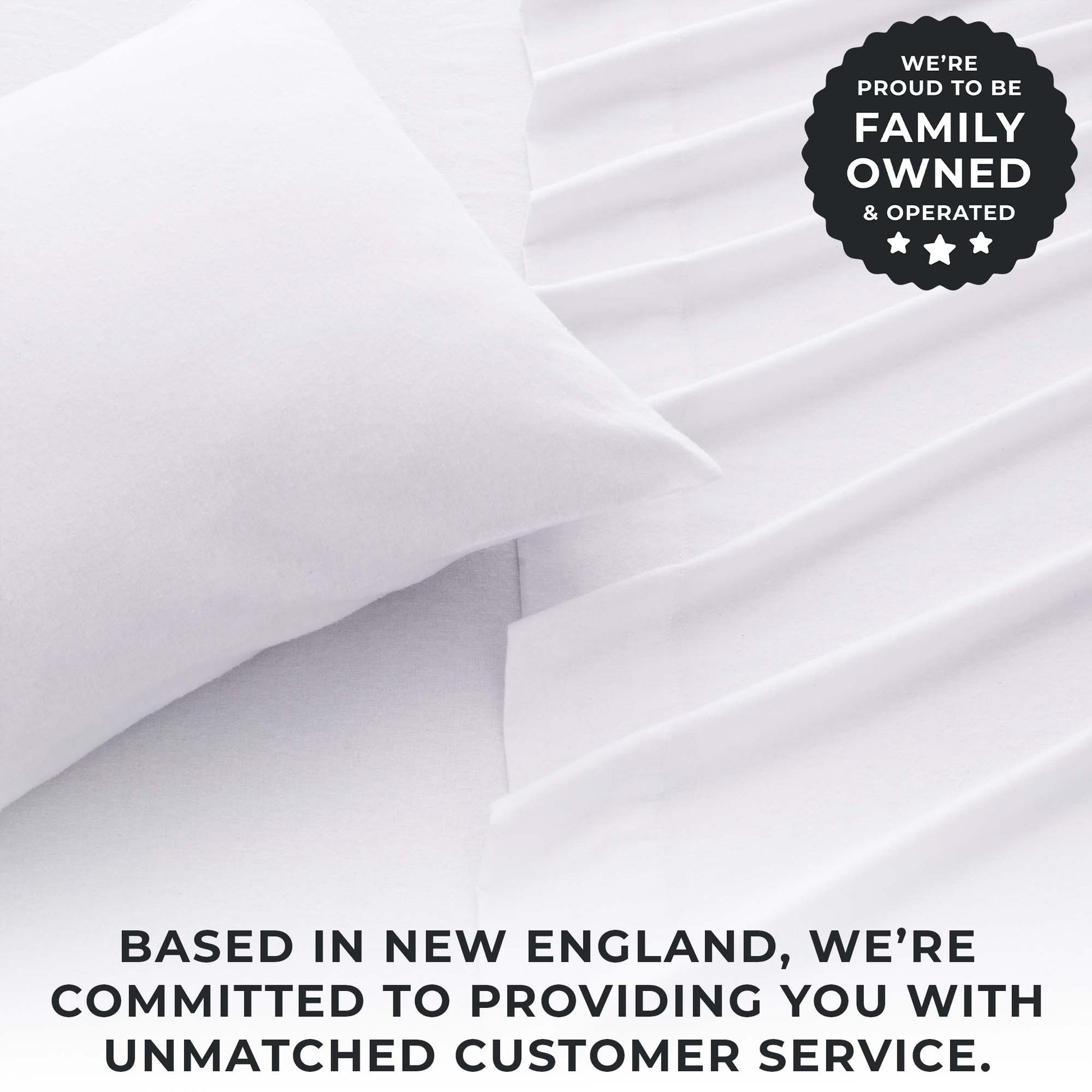 White fabric with text and a family-owned badge on a white background