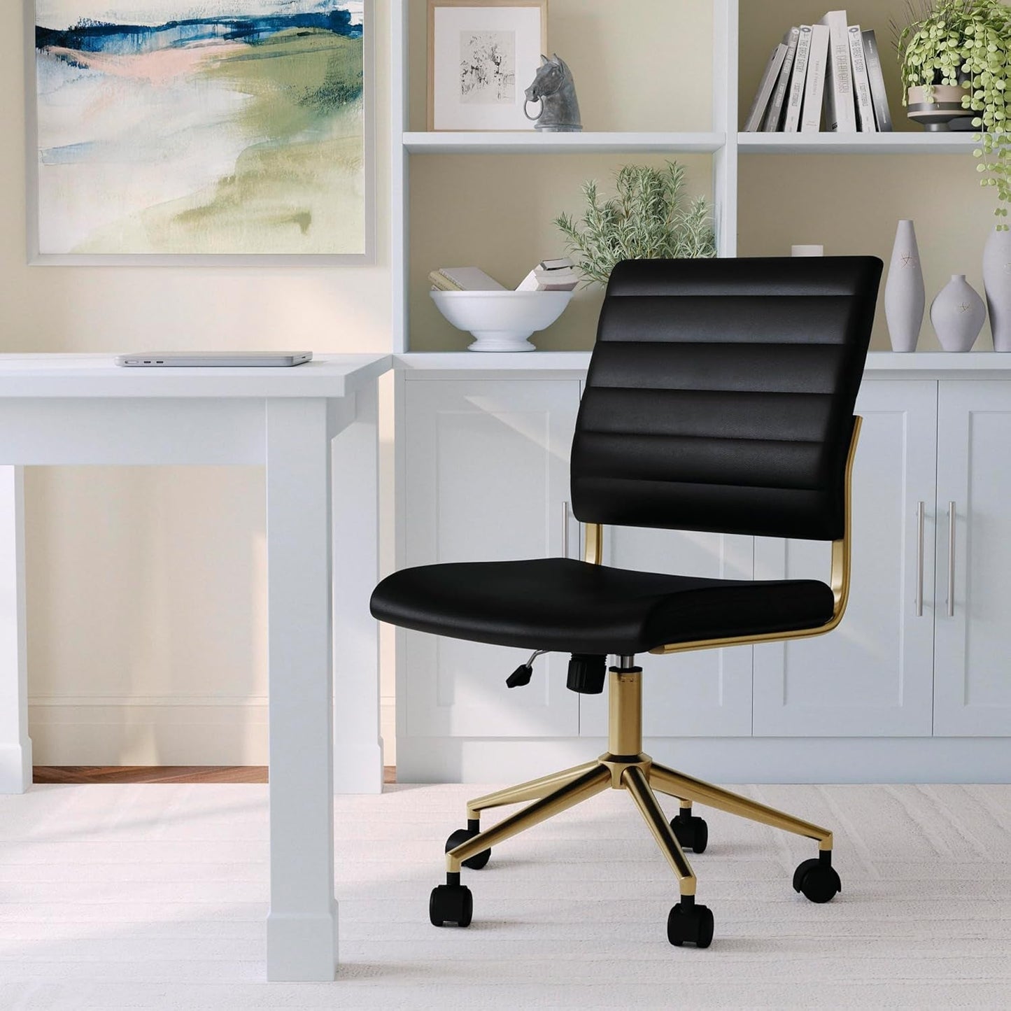 Armless Swivel Task Chair Black Faux Leather Brass Frame