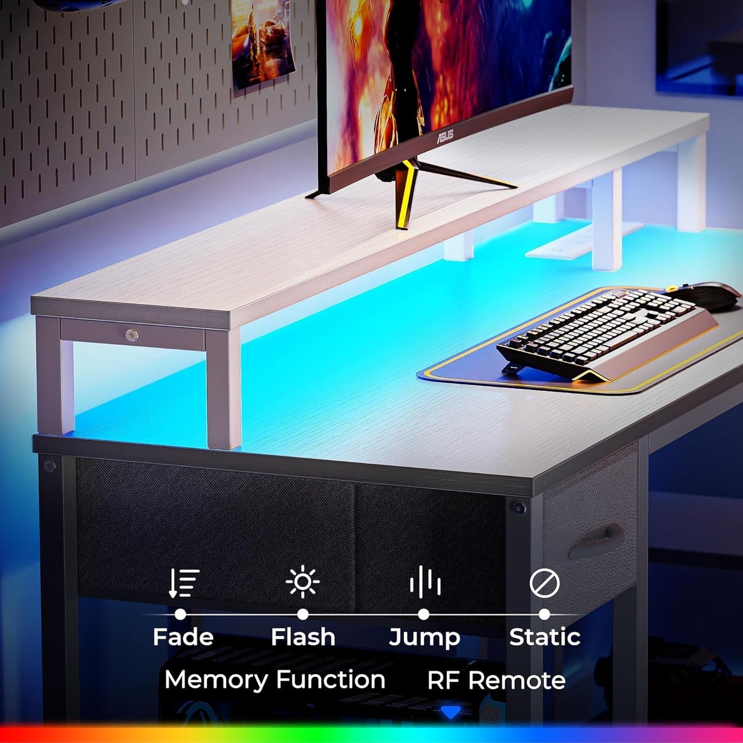 47 Inch White L Shaped Desk With LED Power Drawer Unit