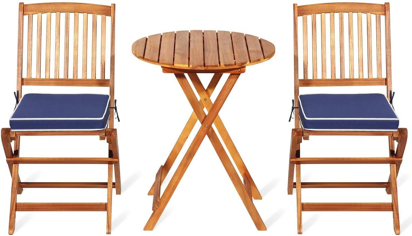Patio Bistro Set With Wood Table And Navy Cushioned Chairs