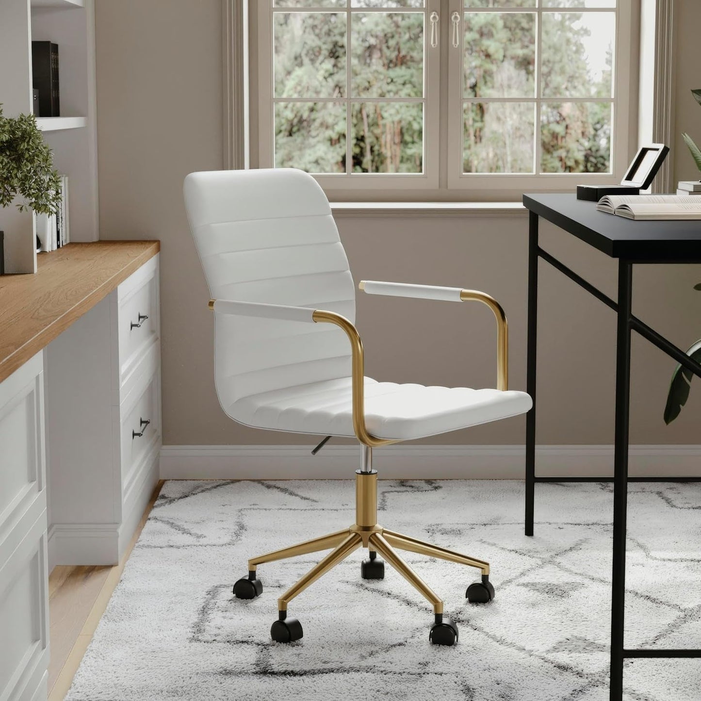 Taytum Swivel Task Chair White Faux Leather Brass Frame