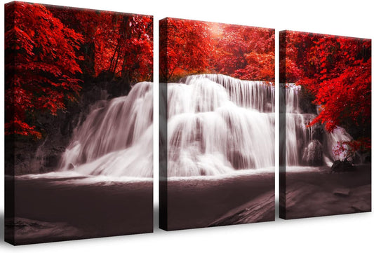 Stunning 3-Piece Canvas Wall Art - Black, White, and Red Waterfall Landscape with Red Trees, Perfect for Home or Office Décor (12x16 inches each)